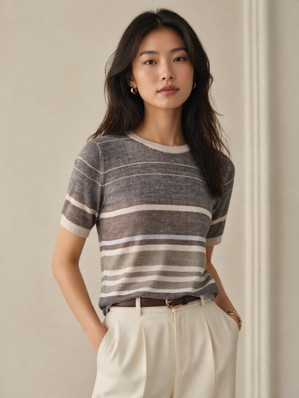 NWT Evan-Picone 100% silk top stripes short sleeves brown knit corporate girlie